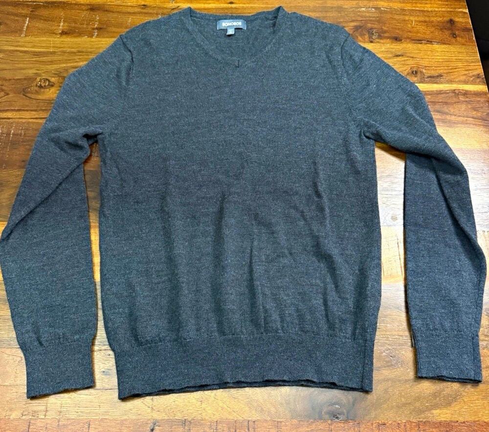 Bonobos Slim Fit V-Neck Pullover Sweater Mens M Gray Solid Knit Long Sleeve
